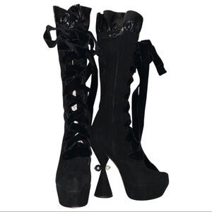 Louis Vuitton Black Goat Suede Patent Ruffle Cancan Velvet Lace-Up High Boots